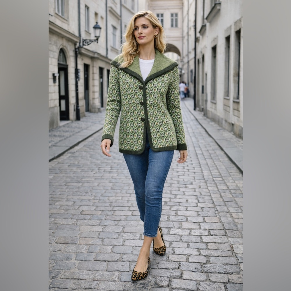 Vintage Etro Green Patterned Wool Cardigan